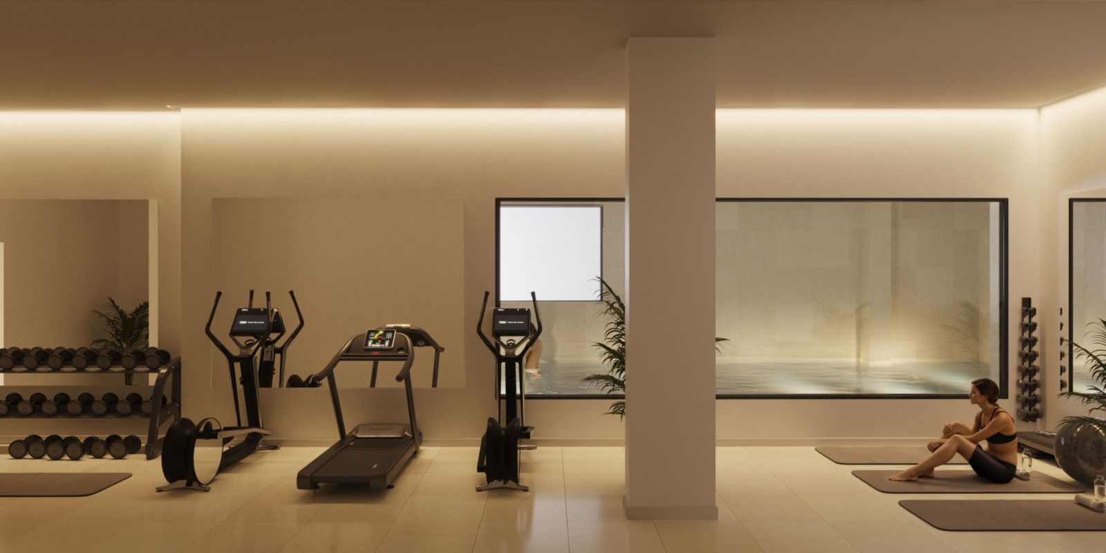 Moderne gym in Residencial Biznaga met fitnessapparatuur en uitzicht op het zwembad.