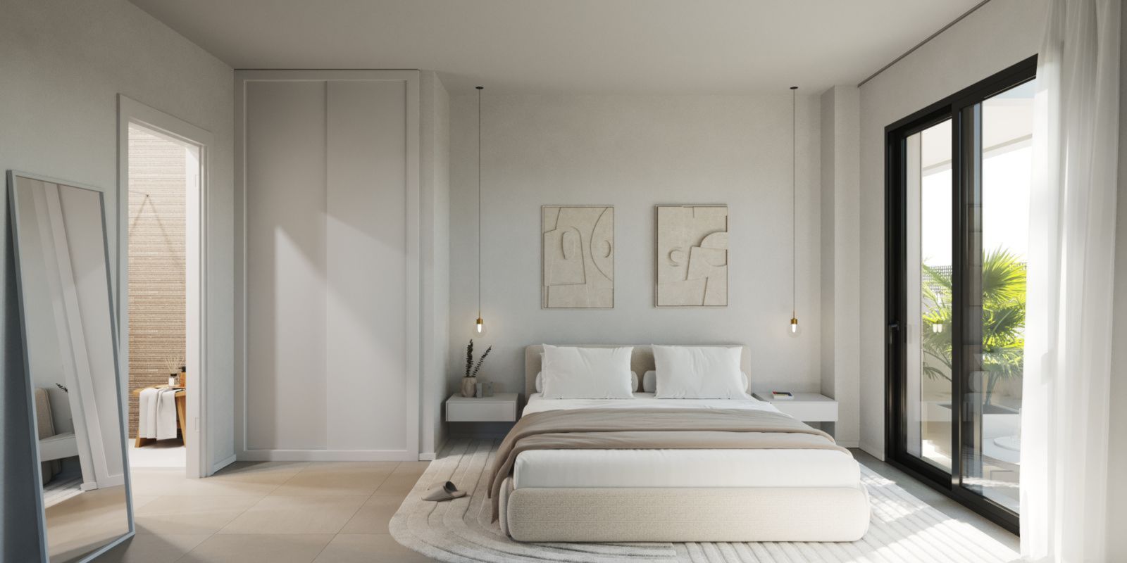 Minimalistische slaapkamer met modern design en lichte kleuren.