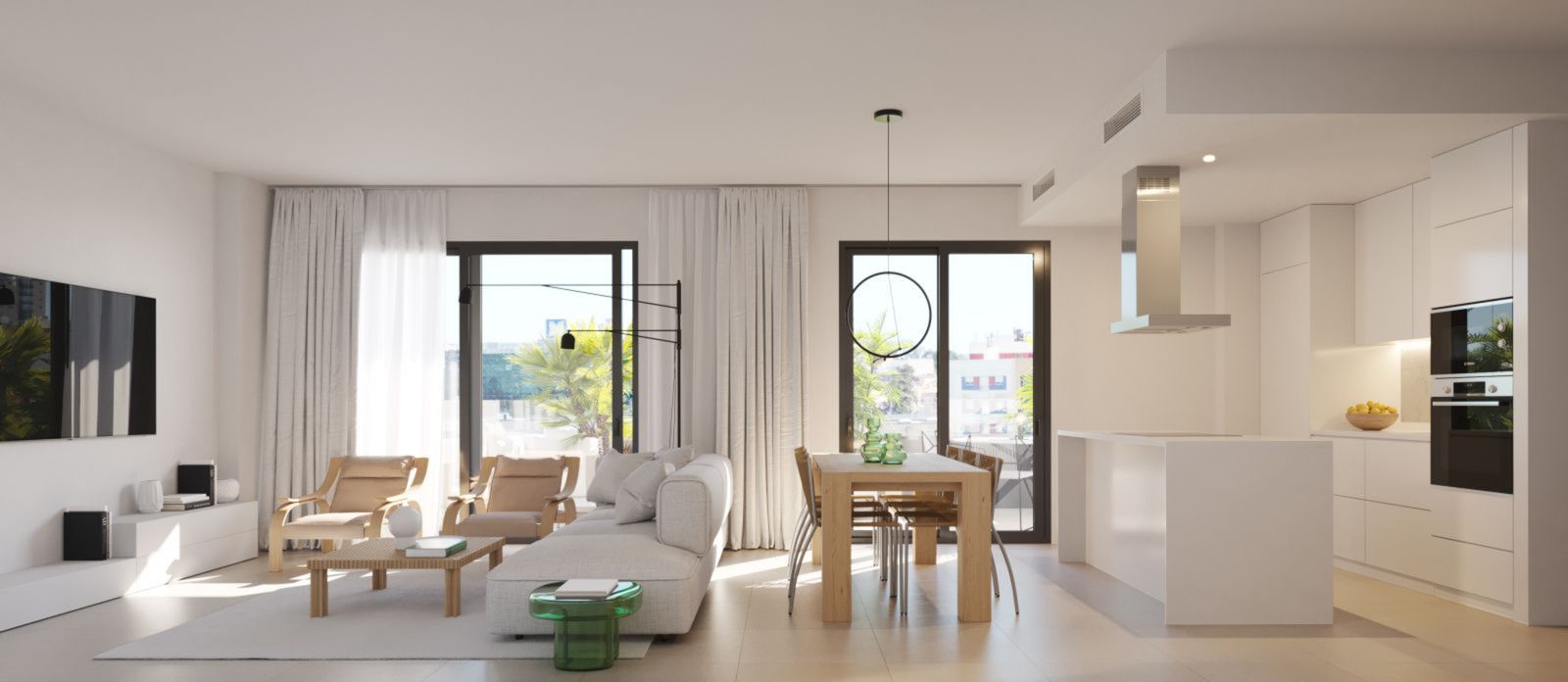 Modern appartement interieur met woonkamer, eethoek en keuken.